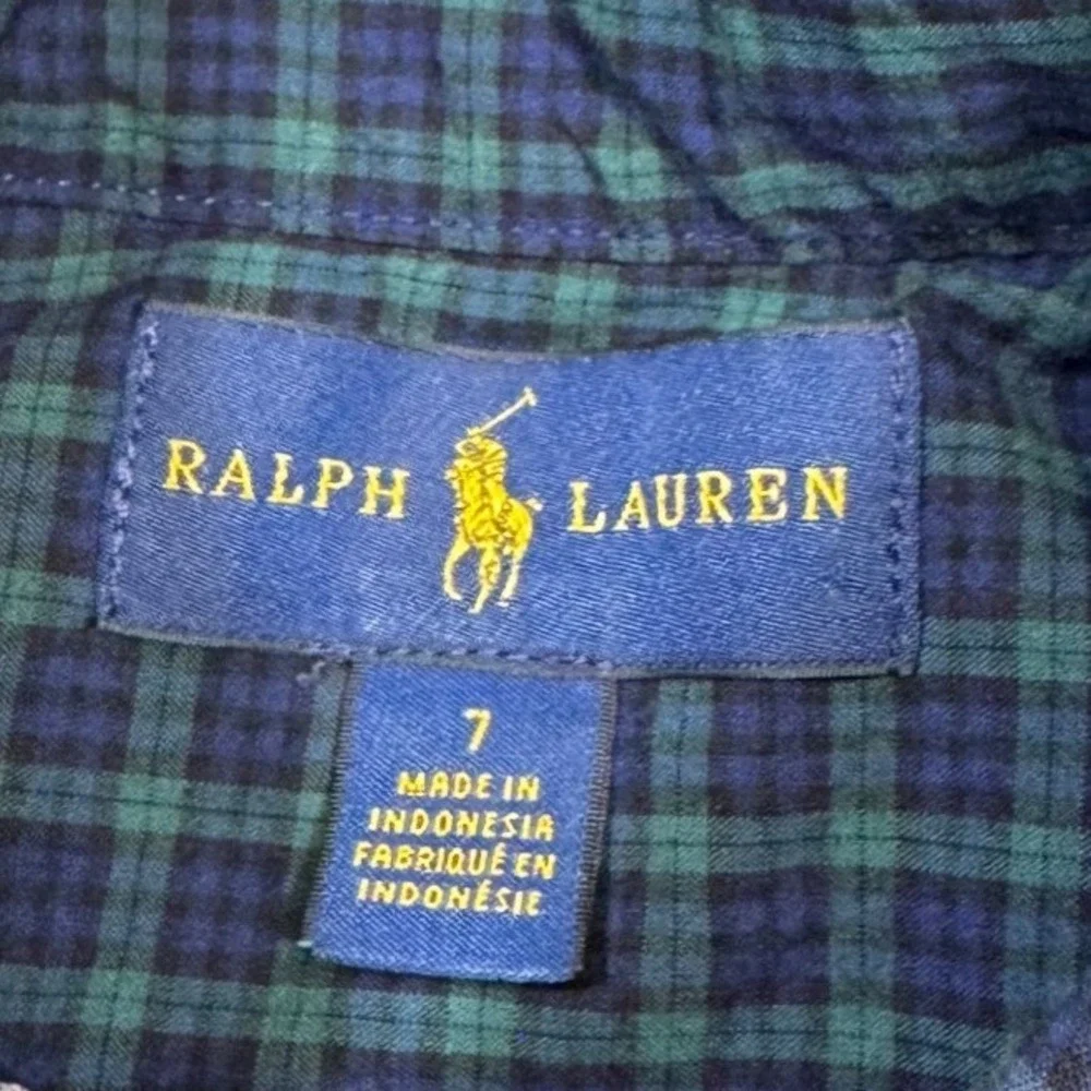 Ralph Lauren Boys Green Blue Plaid Long Sleeve Button Down Shirt Size 7 Red Pony